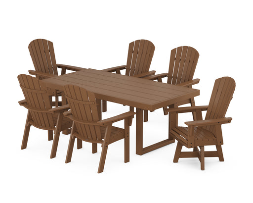 POLYWOOD Nautical Curveback Adirondack Swivel Chair 7-Piece Dining Set in Teak image