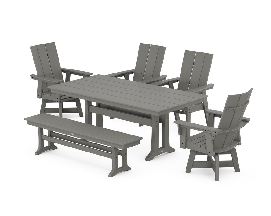 POLYWOOD Modern Curveback Adirondack Swivel Chair 6-Piece Farmhouse Dining Set With Trestle Legs and Bench in Slate Grey image