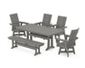 POLYWOOD Modern Curveback Adirondack Swivel Chair 6-Piece Farmhouse Dining Set With Trestle Legs and Bench in Slate Grey image
