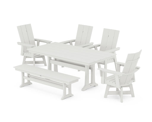 POLYWOOD Modern Curveback Adirondack Swivel Chair 6-Piece Farmhouse Dining Set With Trestle Legs and Bench in Vintage White image