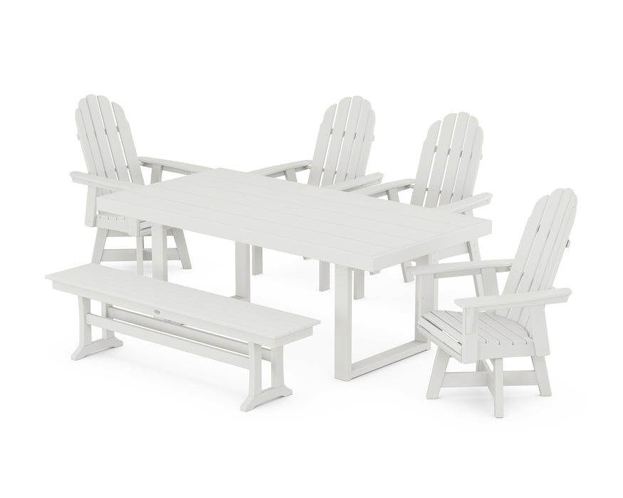 POLYWOOD Vineyard Curveback Adirondack Swivel Chair 6-Piece Dining Set with Bench in Vintage White