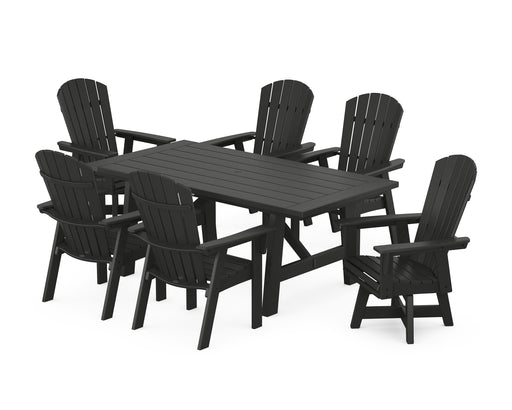 POLYWOOD Nautical Curveback Adirondack Swivel Chaie 7-Piece Rustic Farmhouse Dining Set in Black image