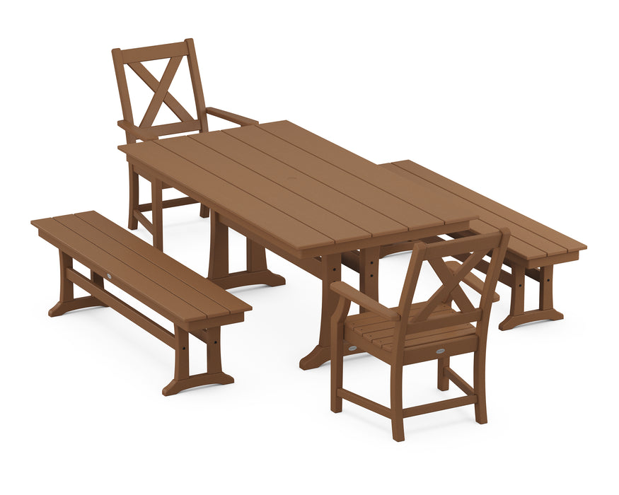 POLYWOOD Braxton 5-Piece Farmhouse Dining Set With Trestle Legs in Teak