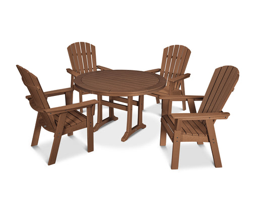 POLYWOOD Nautical Curveback Adirondack 5-Piece Round Dining Set with Trestle Legs in Teak image