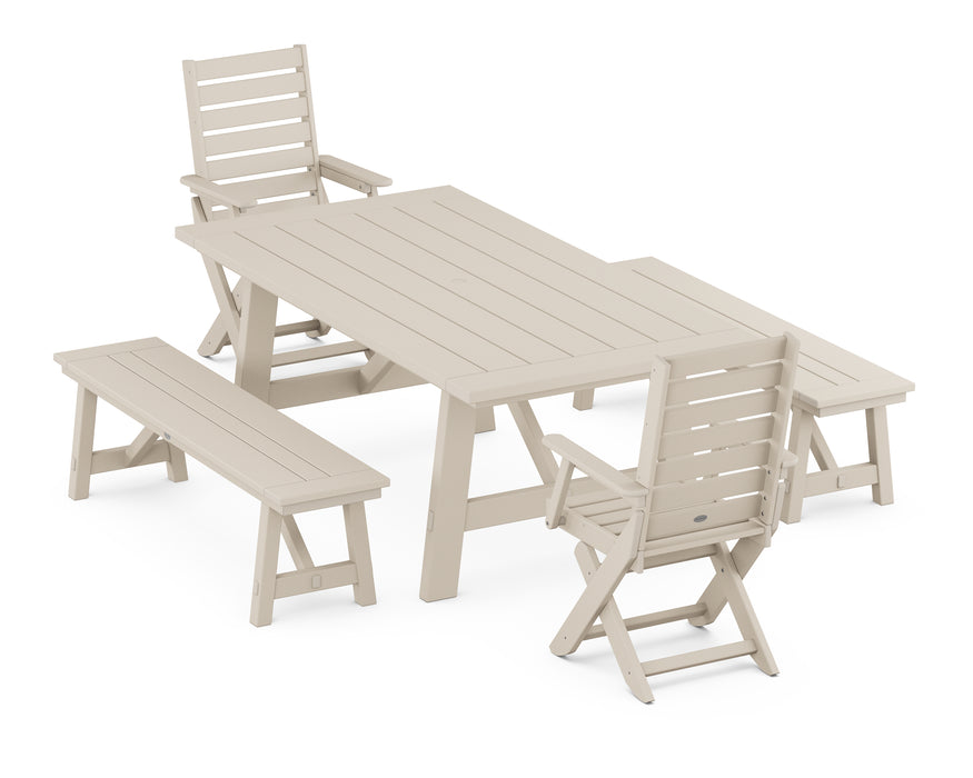 POLYWOOD Captain 5-Piece Rustic Farmhouse Dining Set With Benches in Sand image