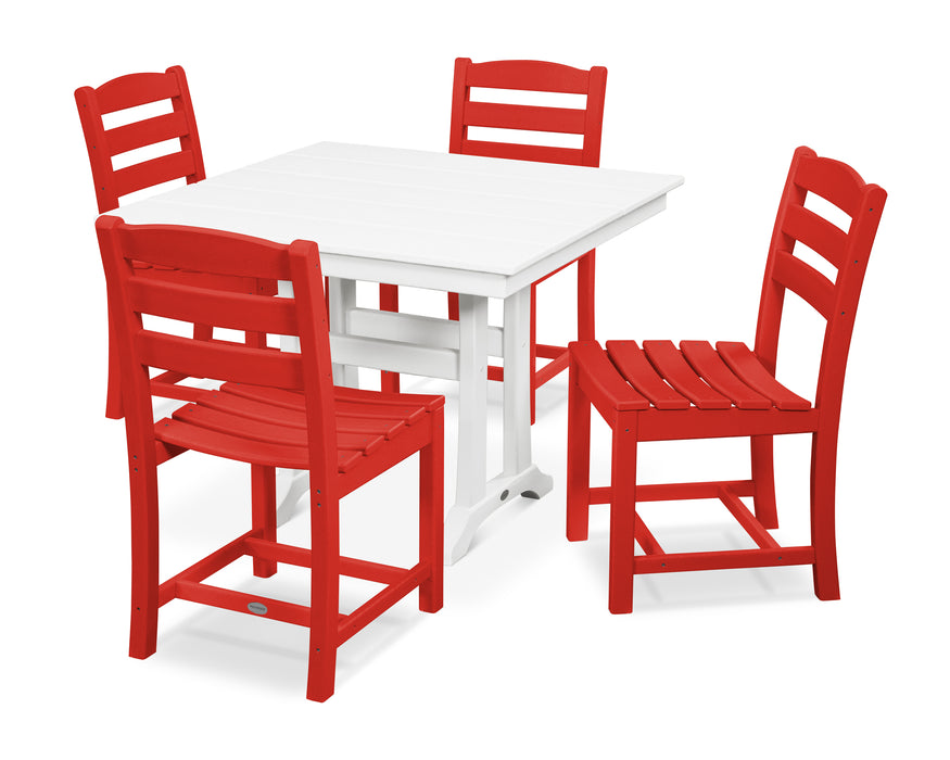 POLYWOOD La Casa Cafe 5-Piece Farmhouse Trestle Side Chair Dining Set in Sunset Red / White