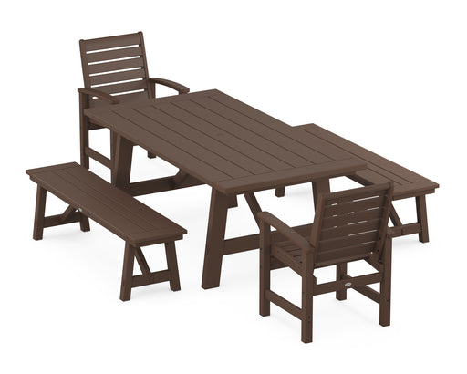 POLYWOOD Signature 5-Piece Rustic Farmhouse Dining Set With Benches in Mahogany image