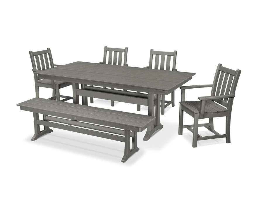 POLYWOOD Traditional Garden Arm Chair 6-Piece Farmhouse Dining Set with Trestle Legs and Bench in Slate Grey image