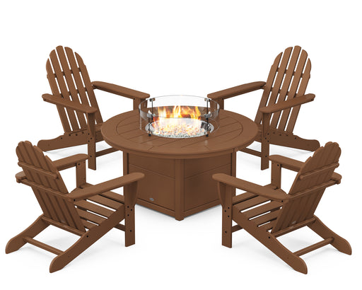 POLYWOOD Classic Adirondack 5-Piece Conversation Set with Fire Pit Table in Teak image