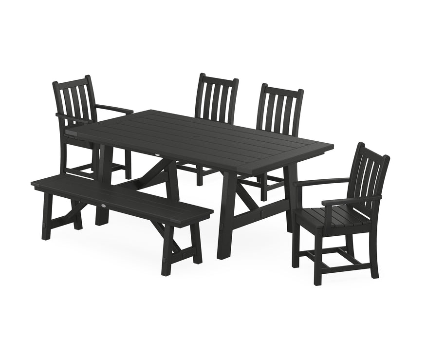 POLYWOOD Traditional Garden 6-Piece Rustic Farmhouse Dining Set With Bench in Black image