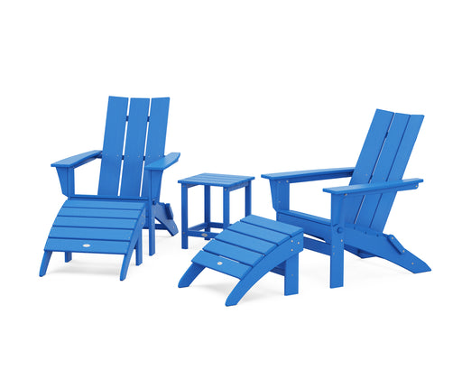 POLYWOOD Modern Folding Adirondack Chair 5-Piece Set with Ottomans and 18" Side Table in Pacific Blue image