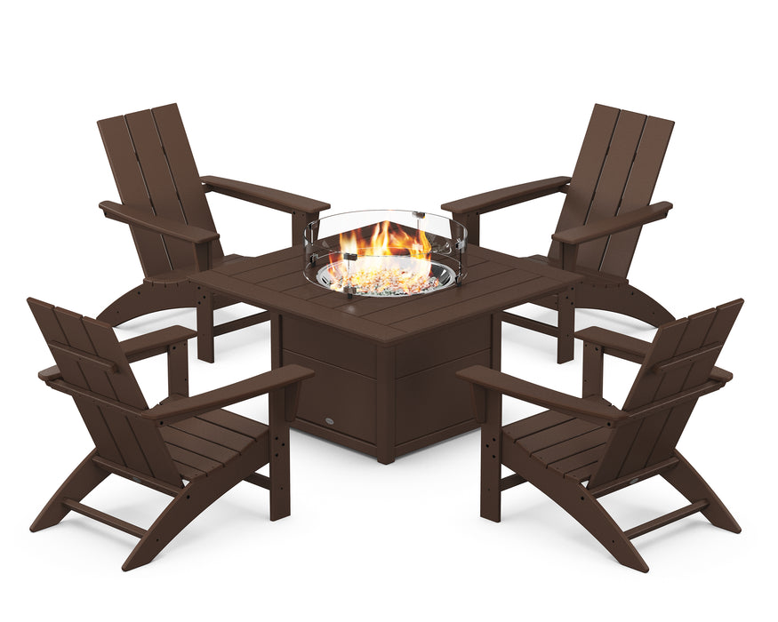 POLYWOOD Modern 5-Piece Adirondack Chair Conversation Set with Fire Pit Table in Mahogany image