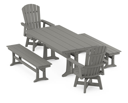 POLYWOOD Nautical Curveback Adirondack Swivel Chair 5-Piece Farmhouse Dining Set With Trestle Legs and Benches in Slate Grey image