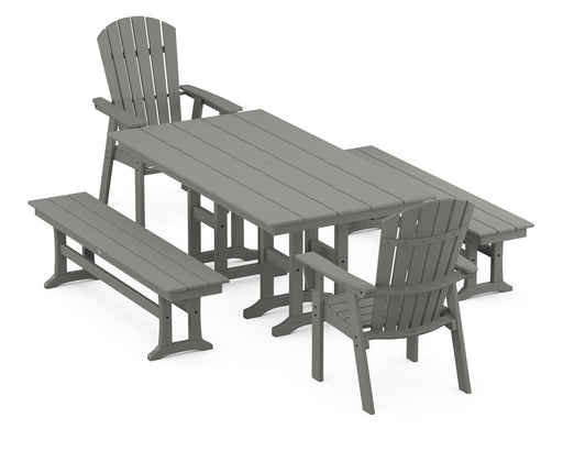 POLYWOOD Nautical Curveback Adirondack 5-Piece Farmhouse Dining Set with Benches in Slate Grey image