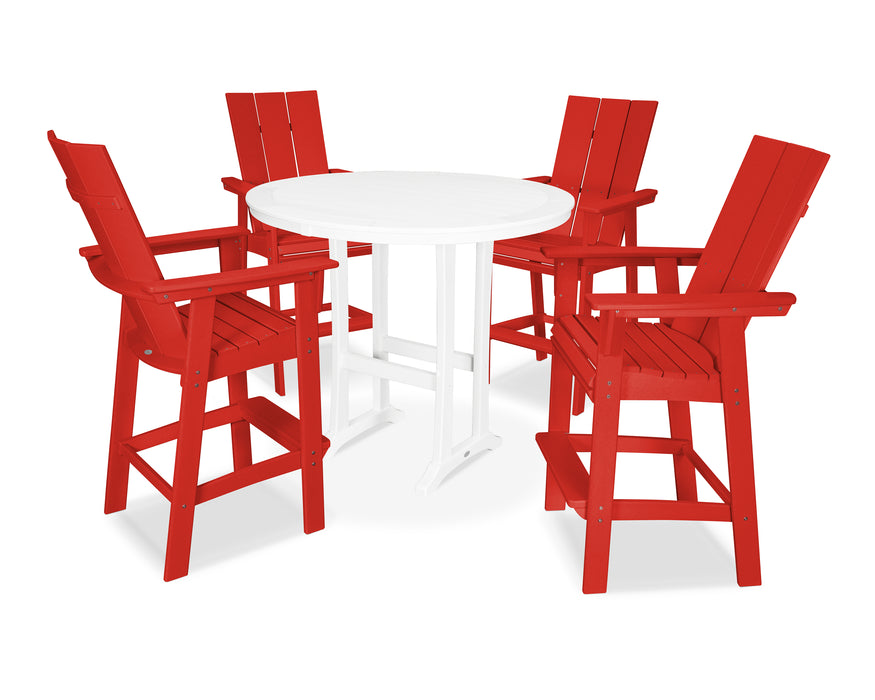 POLYWOOD Modern Curveback Adirondack 5-Piece Nautical Trestle Bar Set in Sunset Red / White image