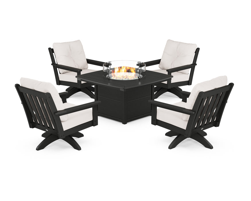 POLYWOOD Vineyard 5-Piece Deep Seating Swivel Conversation Set with Fire Pit Table in Black / Bird's Eye