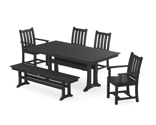 POLYWOOD Traditional Garden 6-Piece Farmhouse Dining Set with Trestle Legs and Bench in Black image