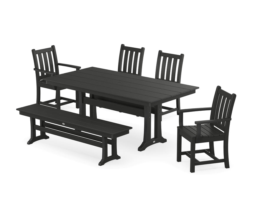 POLYWOOD Traditional Garden 6-Piece Farmhouse Dining Set with Trestle Legs and Bench in Black