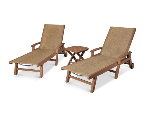 POLYWOOD Coastal 3-Piece Wheeled Chaise Set in Teak / Burlap Sling image