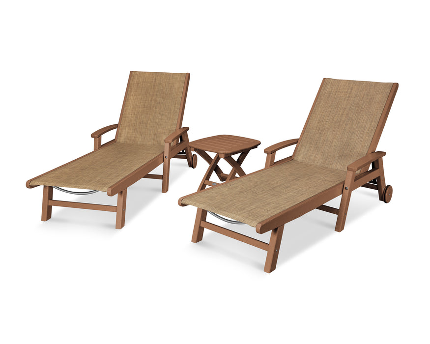 POLYWOOD Coastal 3-Piece Wheeled Chaise Set in Teak / Burlap Sling