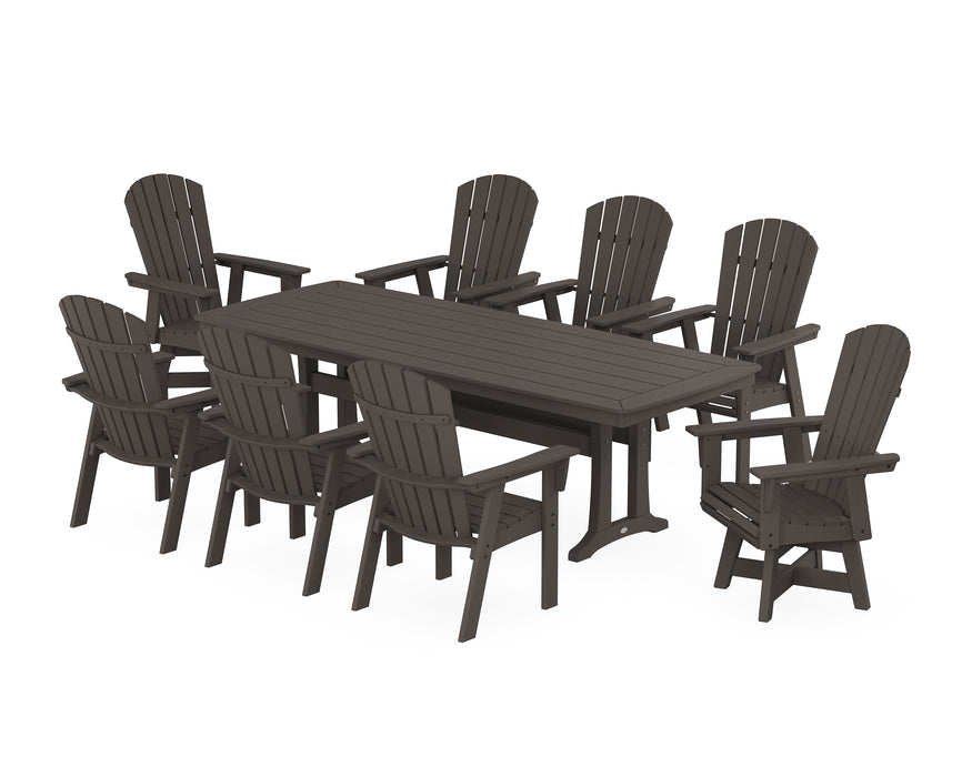 POLYWOOD Nautical Curveback Adirondack Swivel 9-Piece Dining Set with Trestle Legs in Vintage Coffee