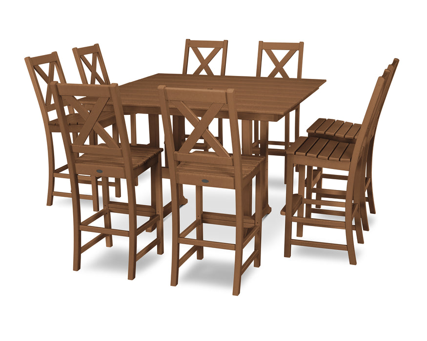 POLYWOOD Braxton 9-Piece Farmhouse Trestle Bar Set in Teak image