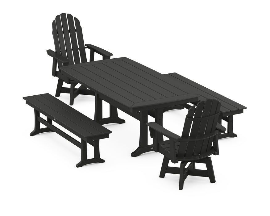 POLYWOOD Vineyard Adirondack Swivel Chair 5-Piece Dining Set with Trestle Legs and Benches in Black