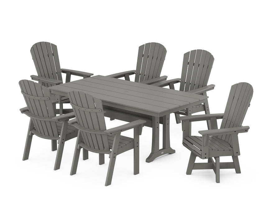 POLYWOOD Nautical Curveback Adirondack Swivel Chair 7-Piece Farmhouse Dining Set With Trestle Legs in Slate Grey