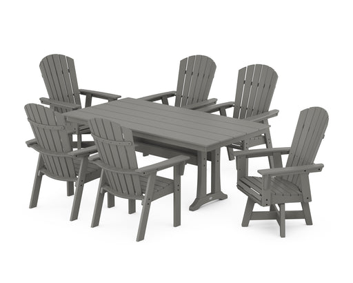 POLYWOOD Nautical Curveback Adirondack Swivel Chair 7-Piece Farmhouse Dining Set With Trestle Legs in Slate Grey image