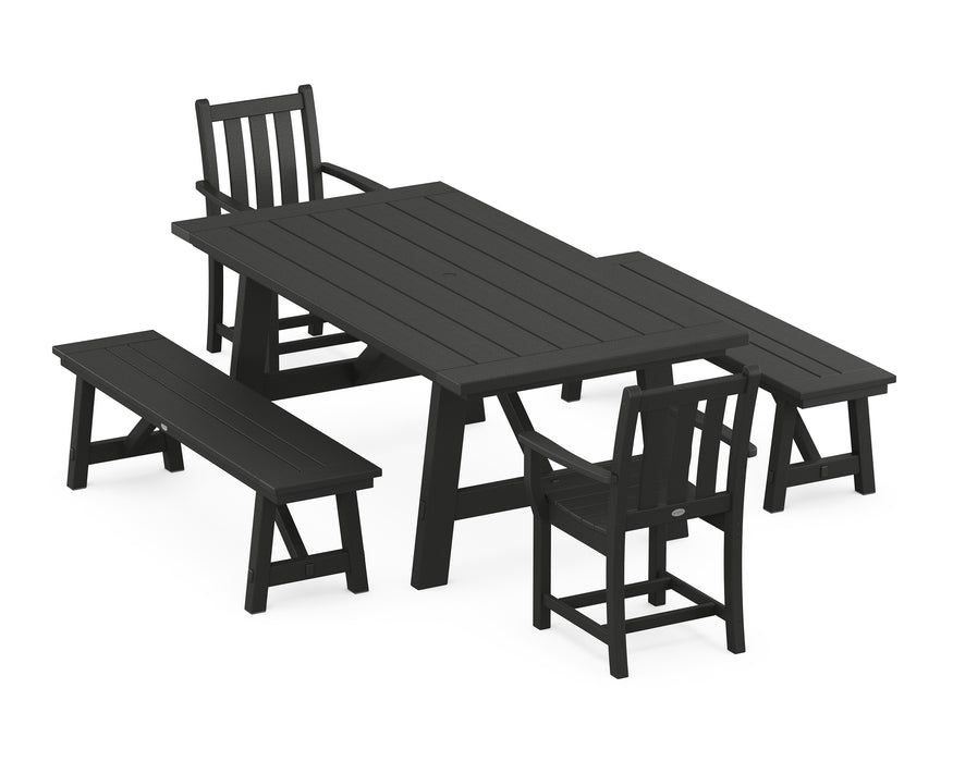 POLYWOOD Traditional Garden 5-Piece Rustic Farmhouse Dining Set With Benches in Black image