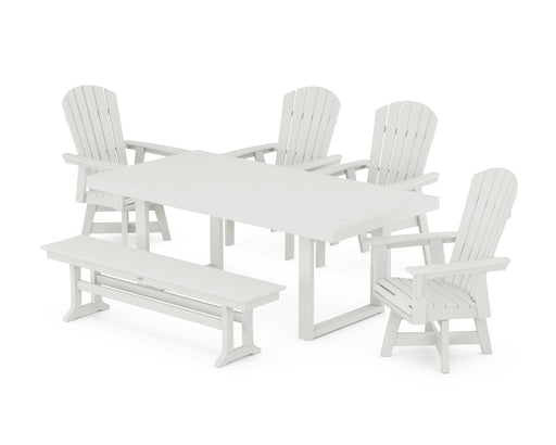 POLYWOOD Nautical Curveback Adirondack Swivel Chair 6-Piece Dining Set with Bench in Vintage White image