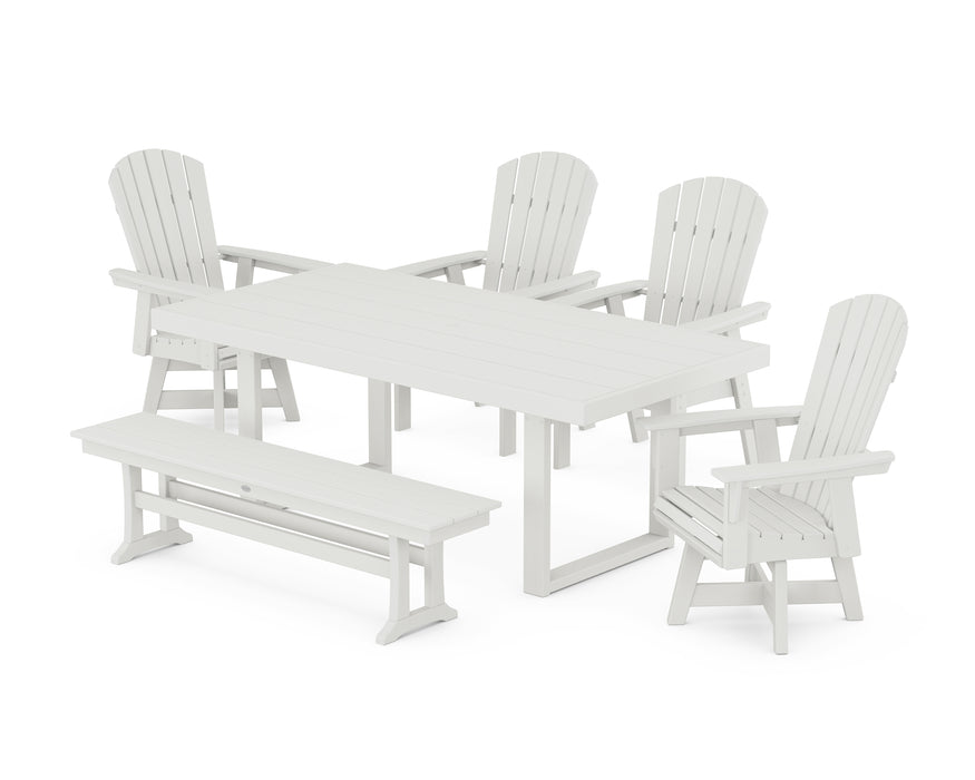 POLYWOOD Nautical Curveback Adirondack Swivel Chair 6-Piece Dining Set with Bench in Vintage White image