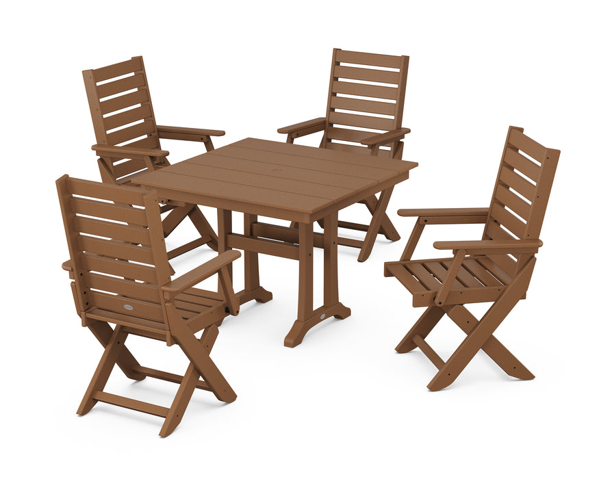 POLYWOOD Captain 5-Piece Farmhouse Dining Set With Trestle Legs in Teak