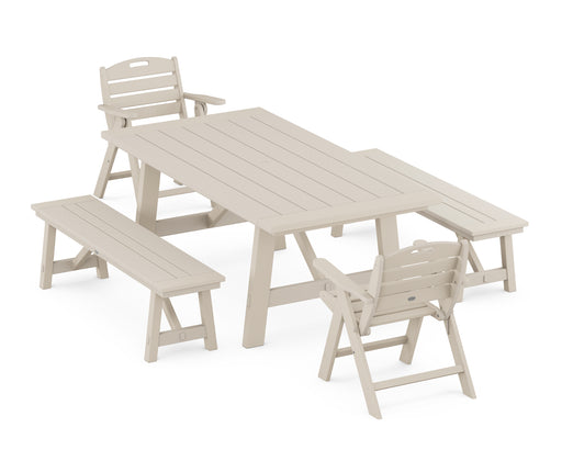 POLYWOOD Nautical Lowback Chair 5-Piece Rustic Farmhouse Dining Set With Benches in Sand image