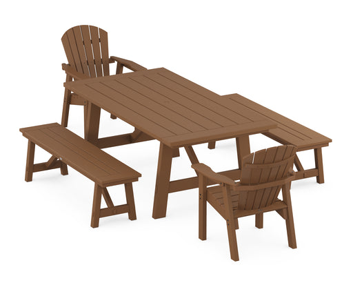 POLYWOOD Seashell 5-Piece Rustic Farmhouse Dining Set With Benches in Teak image