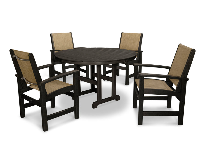 POLYWOOD Coastal 5-Piece Round Farmhouse Dining Set in Black / Burlap Sling image