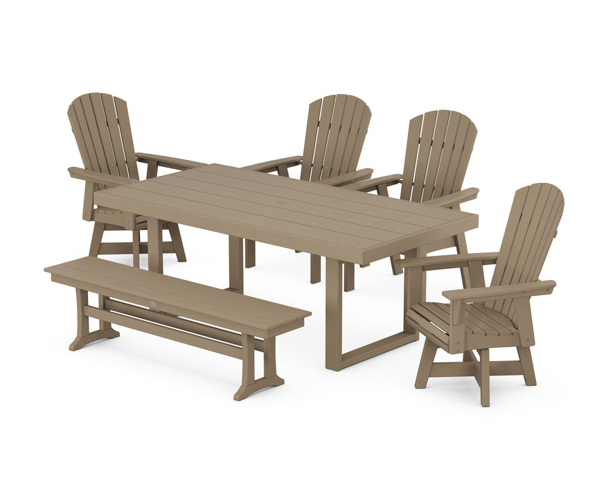 POLYWOOD Nautical Curveback Adirondack Swivel Chair 6-Piece Dining Set with Bench in Vintage Sahara