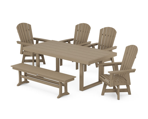 POLYWOOD Nautical Curveback Adirondack Swivel Chair 6-Piece Dining Set with Bench in Vintage Sahara image