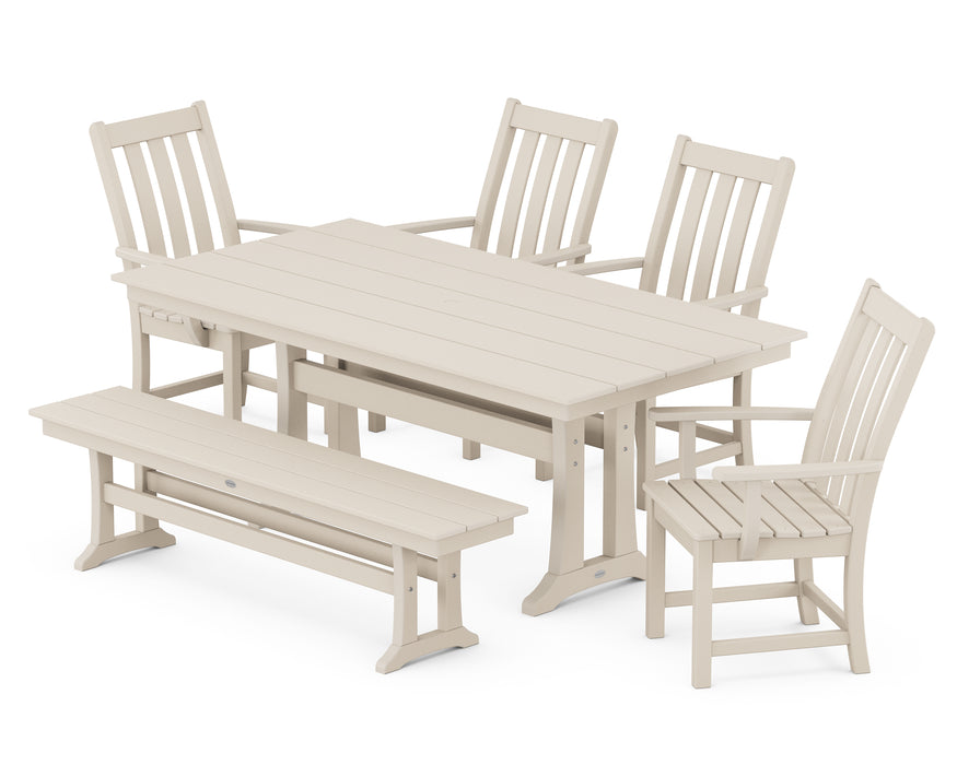 POLYWOOD Vineyard 6-Piece Arm Chair Farmhouse Dining Set with Trestle Legs and Bench in Sand