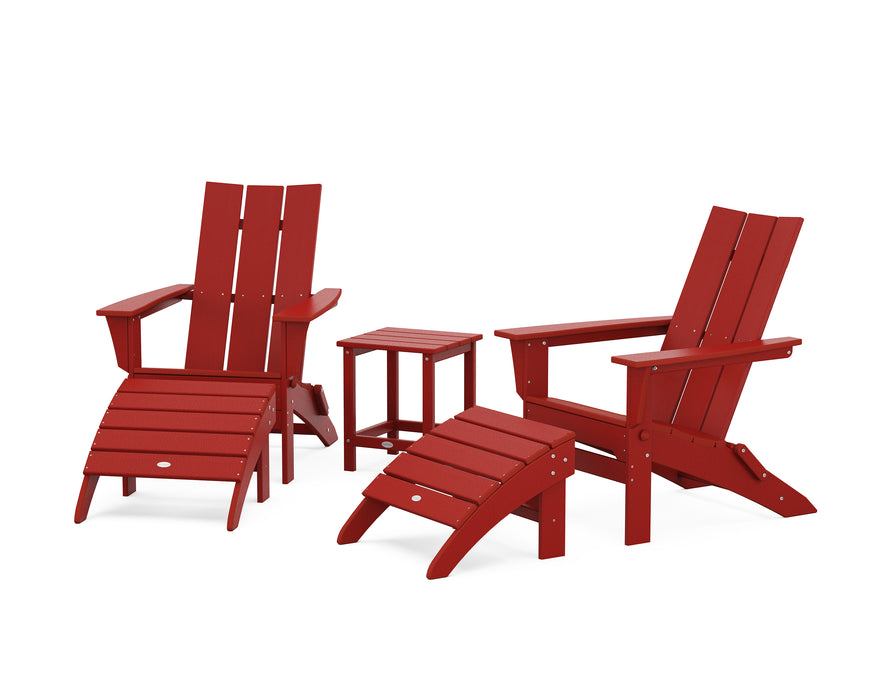 POLYWOOD Modern Folding Adirondack Chair 5-Piece Set with Ottomans and 18" Side Table in Crimson Red image