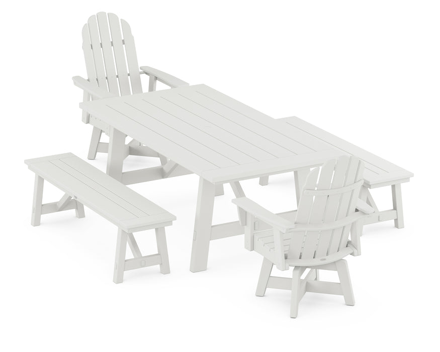 POLYWOOD VineyardCurveback Adirondack Swivel Chair 5-Piece Rustic Farmhouse Dining Set With Benches in Vintage White