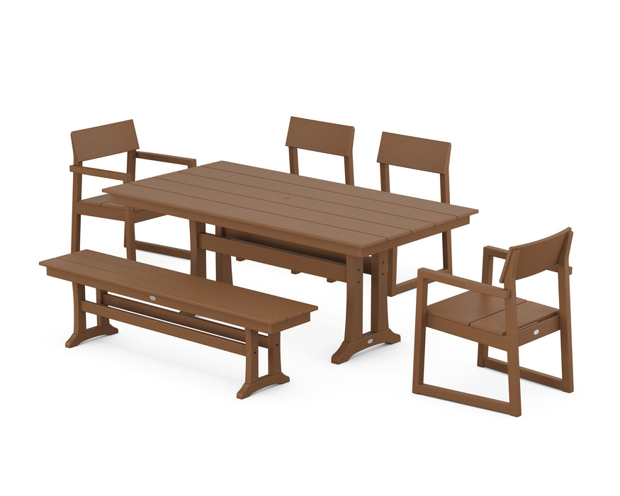 POLYWOOD EDGE 6-Piece Farmhouse Dining Set With Trestle Legs in Teak image