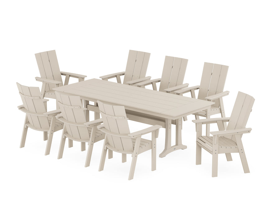 POLYWOOD Modern Curveback Adirondack 9-Piece Farmhouse Dining Set with Trestle Legs in Sand