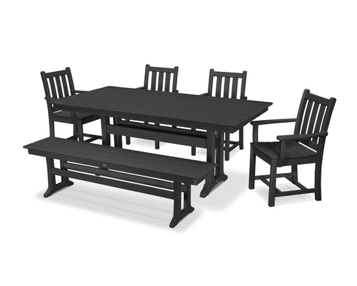 POLYWOOD Traditional Garden Arm Chair 6-Piece Farmhouse Dining Set with Trestle Legs and Bench in Black image