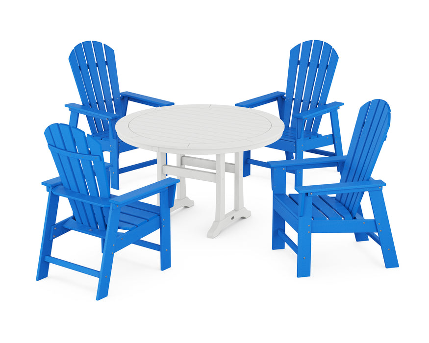 POLYWOOD South Beach 5-Piece Round Dining Set with Trestle Legs in Pacific Blue / White image