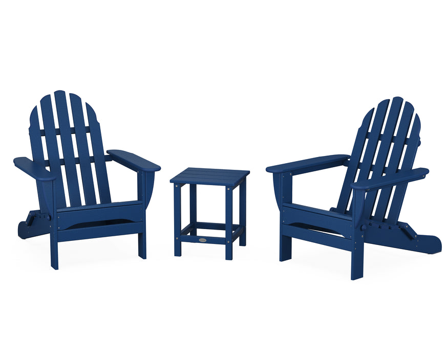 POLYWOOD Classic Folding Adirondack 3-Piece Set with Long Island 18" Side Table in Navy