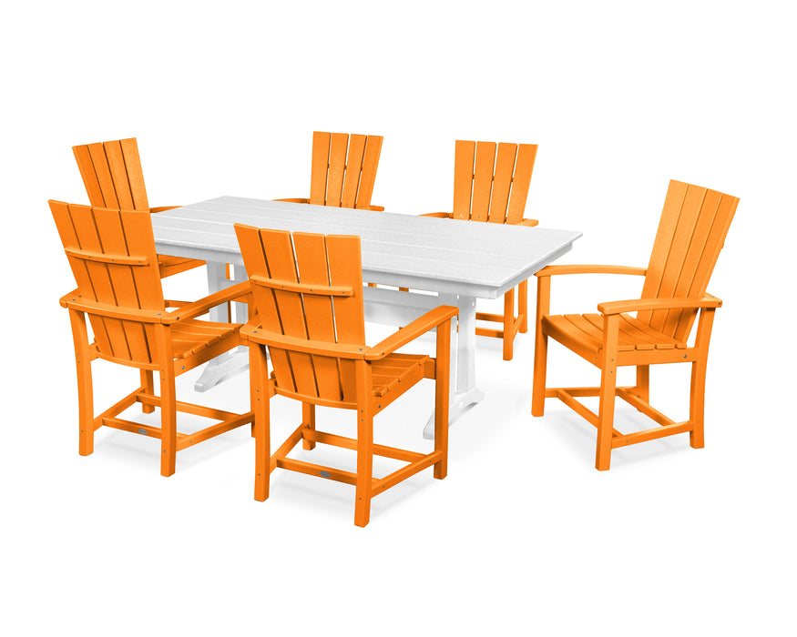 POLYWOOD Quattro 7-Piece Farmhouse Dining Set with Trestle Legs in Tangerine / White