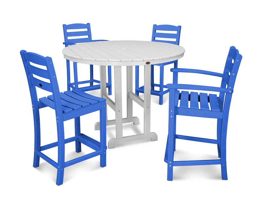 POLYWOOD La Casa Cafe 5-Piece Round Farmhouse Counter Dining Set in Pacific Blue / White