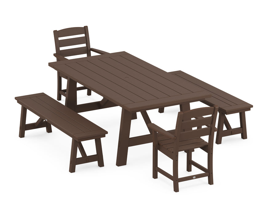 POLYWOOD Lakeside 5-Piece Rustic Farmhouse Dining Set With Benches in Mahogany image