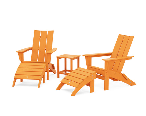 POLYWOOD Modern Folding Adirondack Chair 5-Piece Set with Ottomans and 18" Side Table in Tangerine image